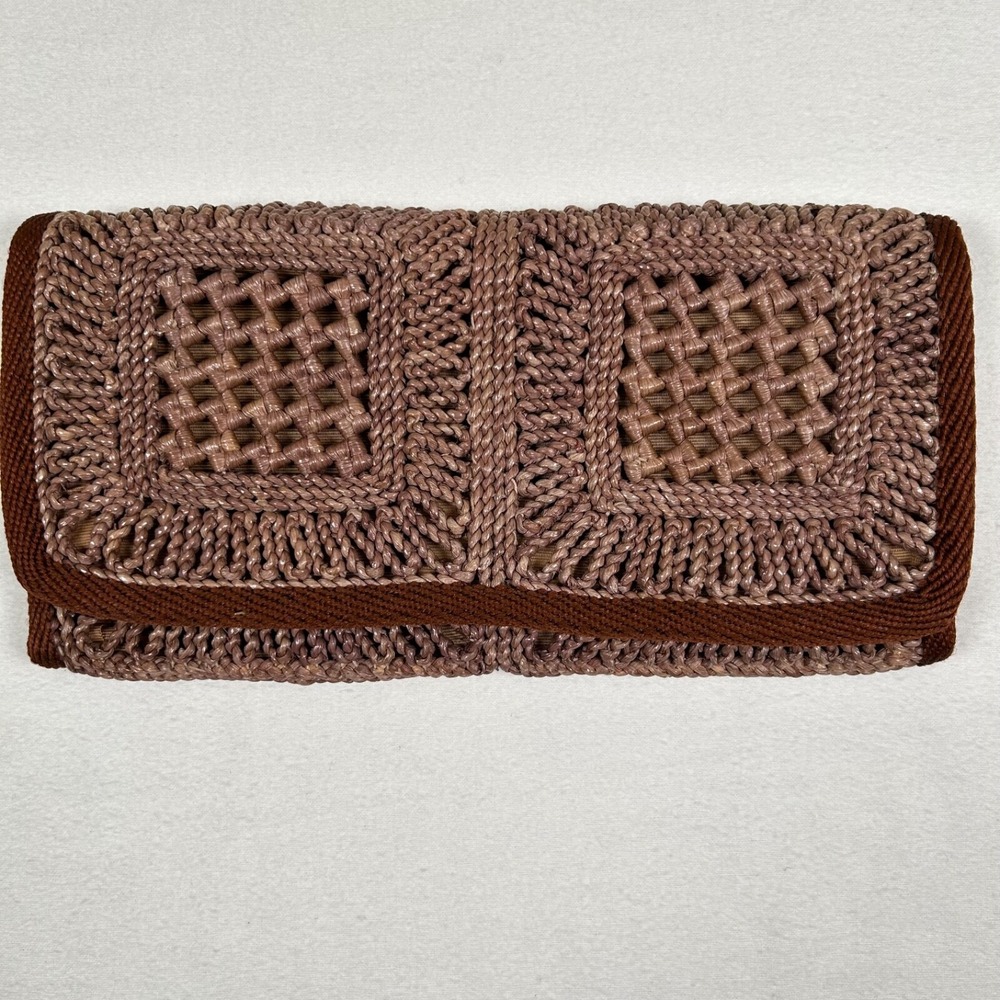 Vintage Purse Clutch Brown Weaved Straw Lined 12" x 6" 70's Summer Boho Italy